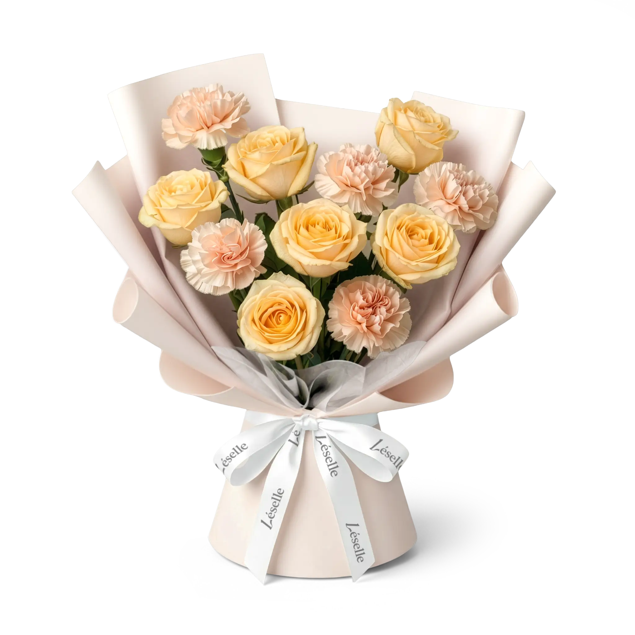 Bouquet of champagne roses and peach pink carnations wrapped in nude chiffon pink paper with a white ribbon on a transparent background