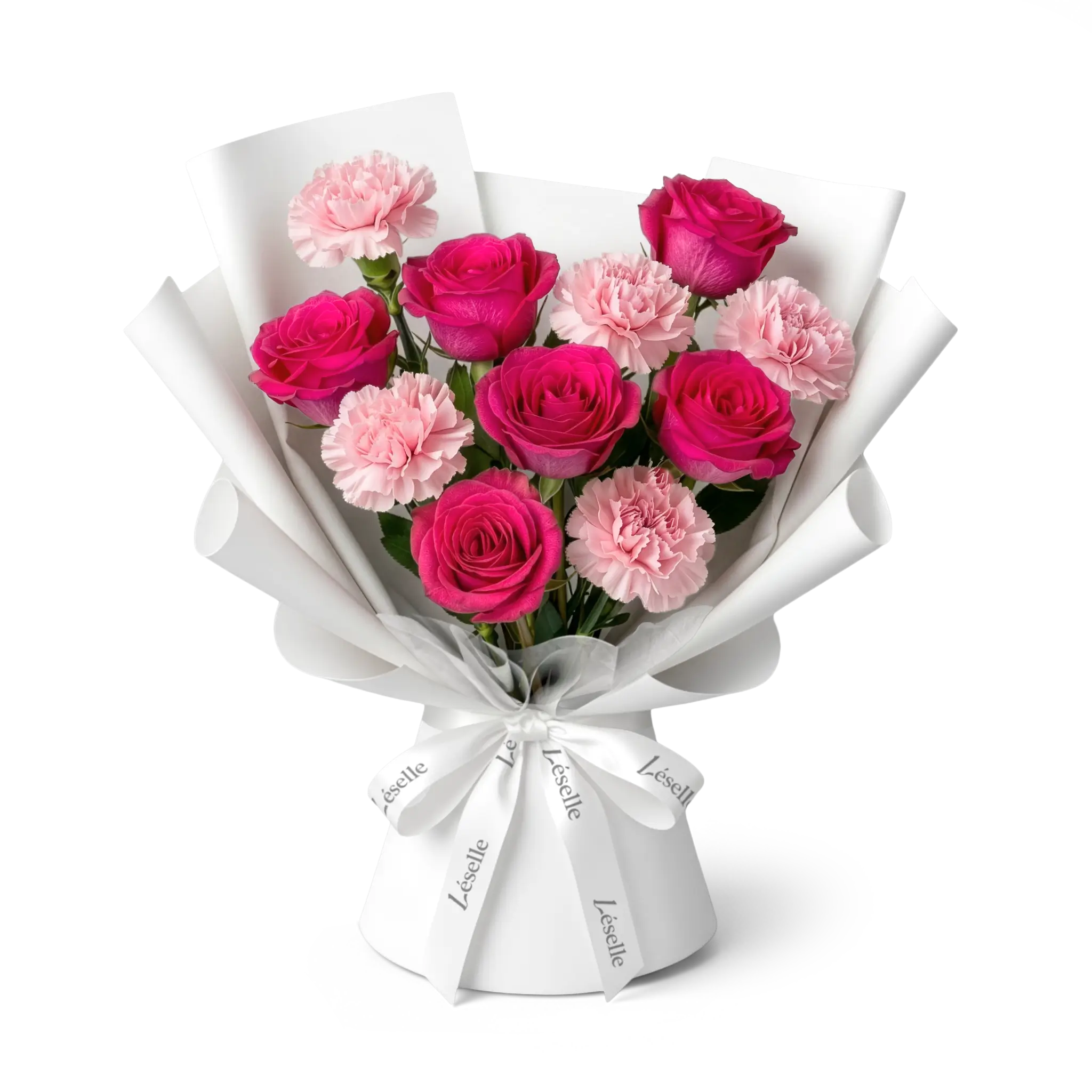 Bouquet of hot pink roses and blush carnations wrapped in white paper with a white ribbon on a transparent background