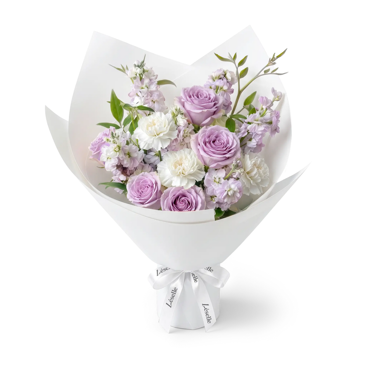 A fresh flower bouquet wrapped in white paper with a white ribbon, featuring lavender roses, white carnations, lavender stocks, and green foliage, set against a transparent background.