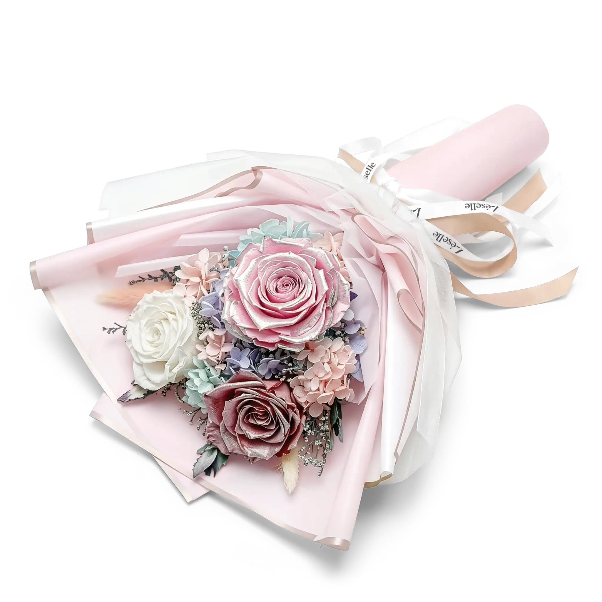 Preserved Flower Bouquet - Metallic Pink & Pale Pink Roses