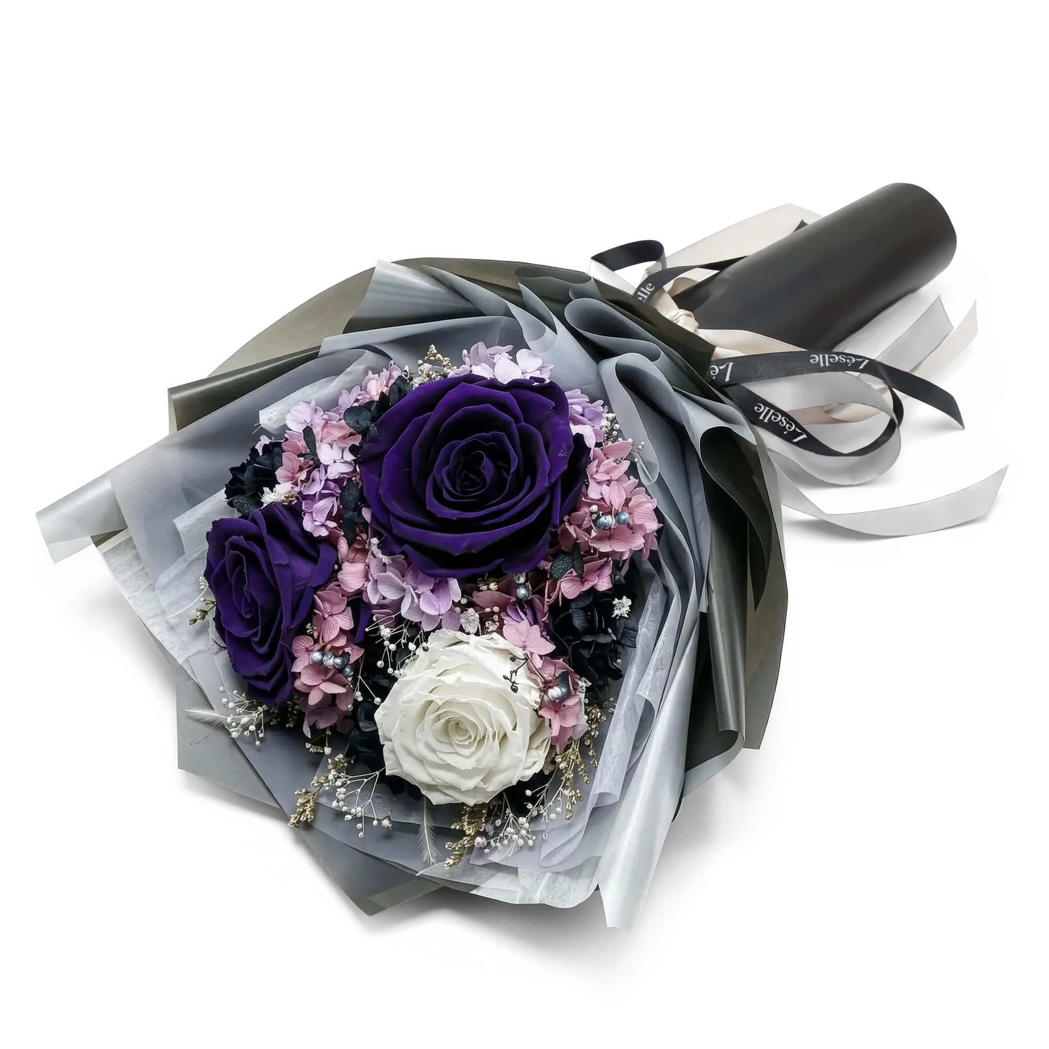 Preserved Flower Bouquet - Purple & White Roses