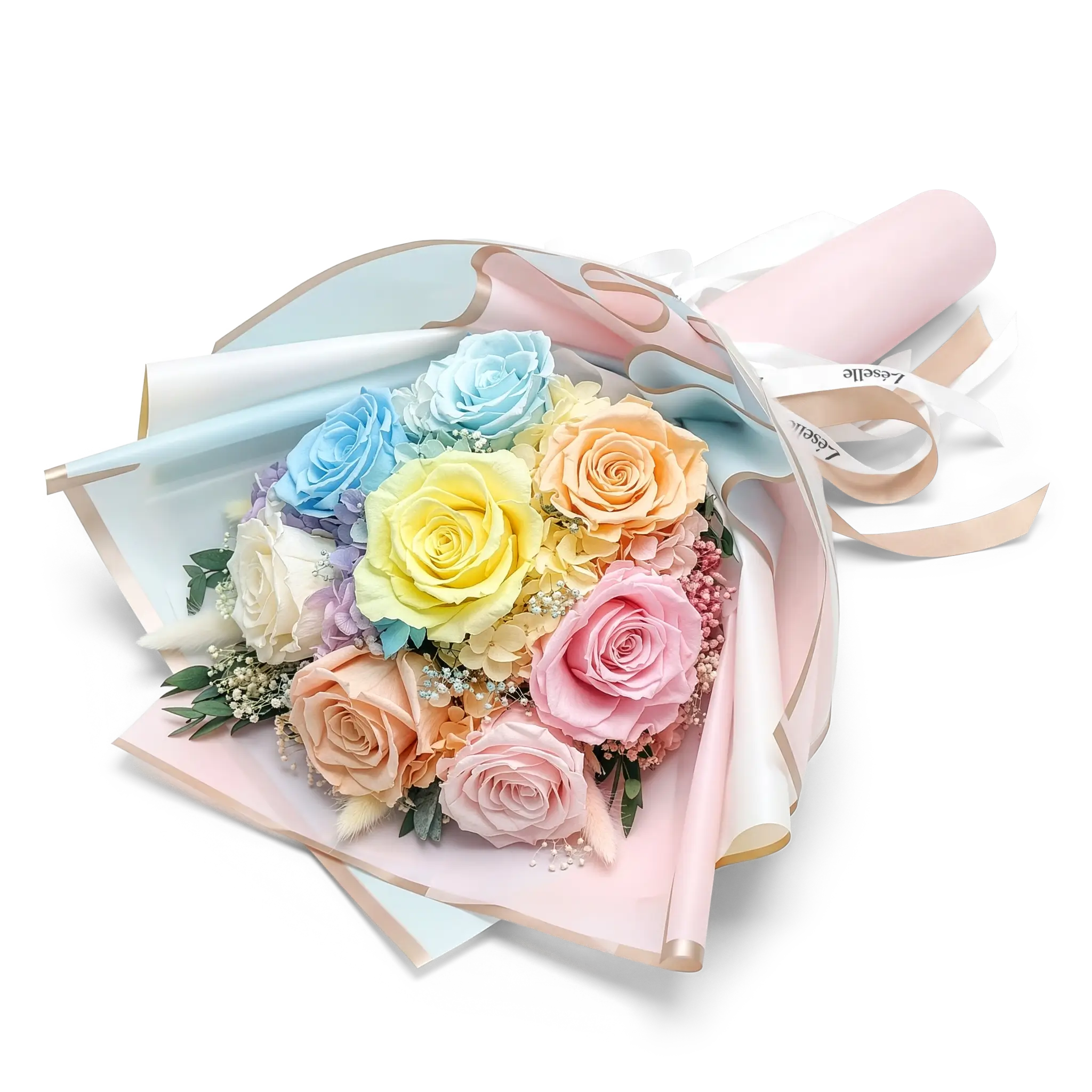 The Rainbow Bouquet - Yellow, Blue & Pink Preserved Roses