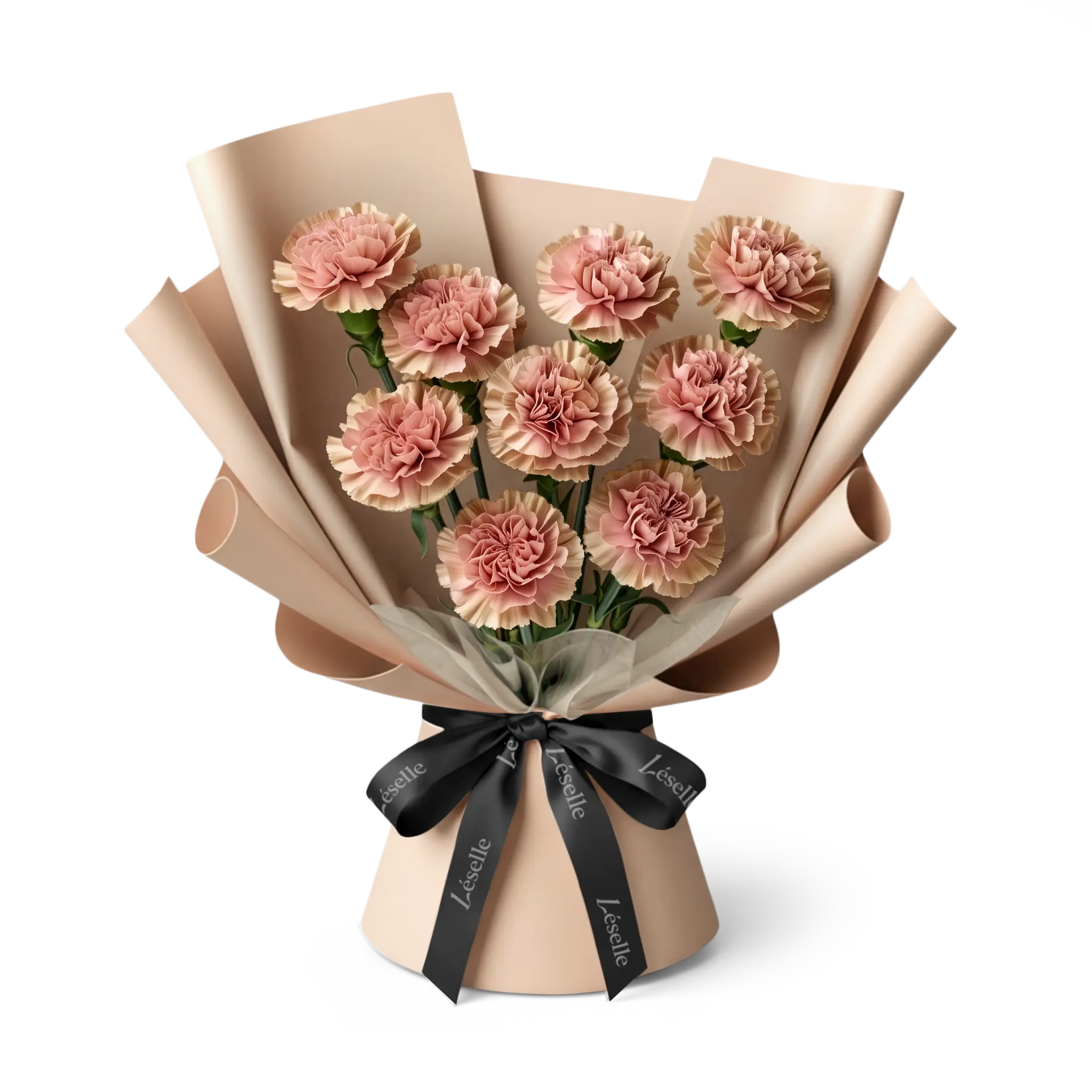 Bouquet of caramel carnations wrapped in milk tea paper with a black ribbon on a transparent background