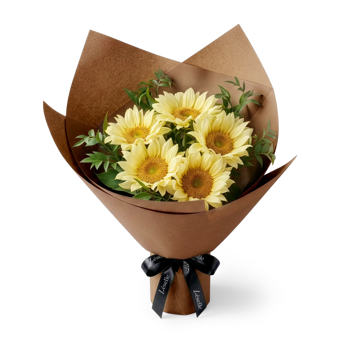 Bouquet of cream-colored sunflowers wrapped in brown paper with a black ribbon on a transparent background