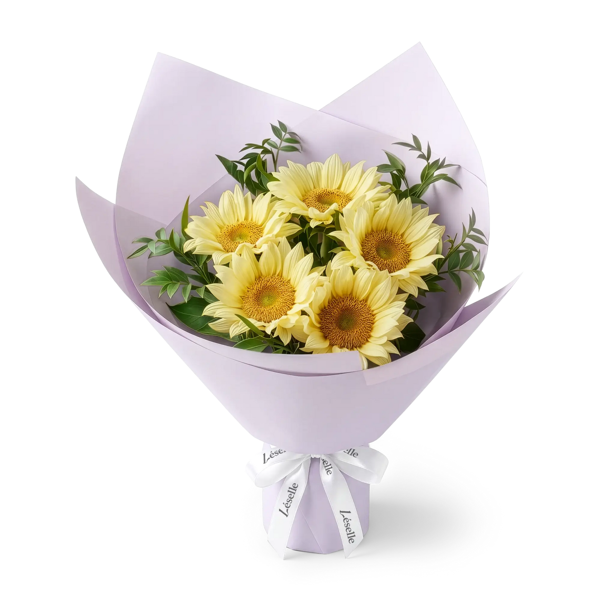 Bouquet of cream-colored sunflowers wrapped in lavender paper with a white ribbon on a transparent background