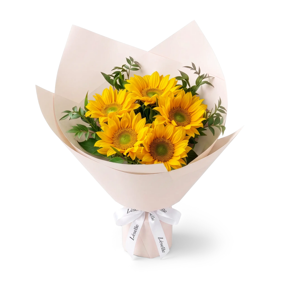Bouquet of green-heart sunflowers wrapped in pale pink paper with a white ribbon on a transparent background