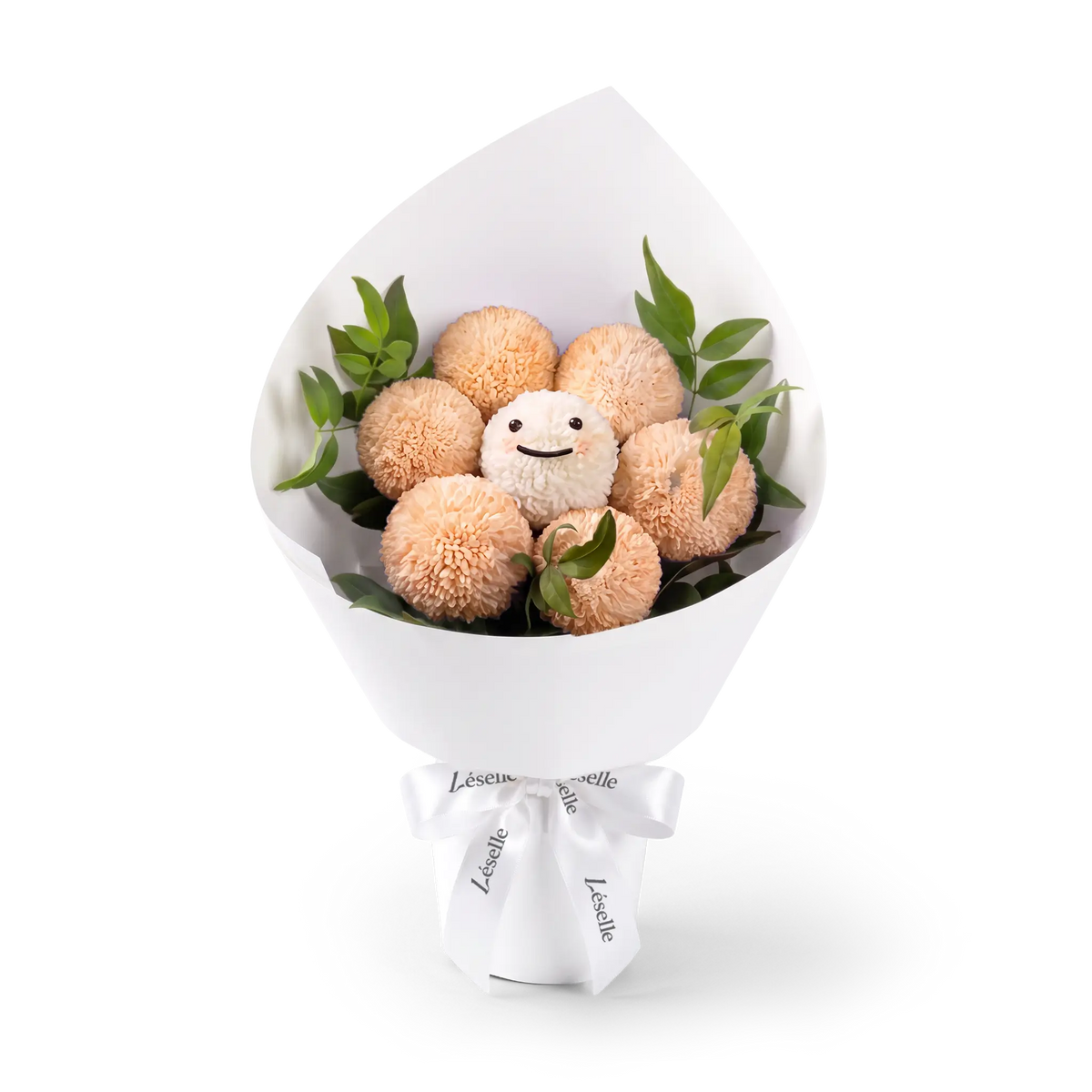 Bouquet of peach ping pong chrysanthemums wrapped in white paper with a white ribbon on a transparent background