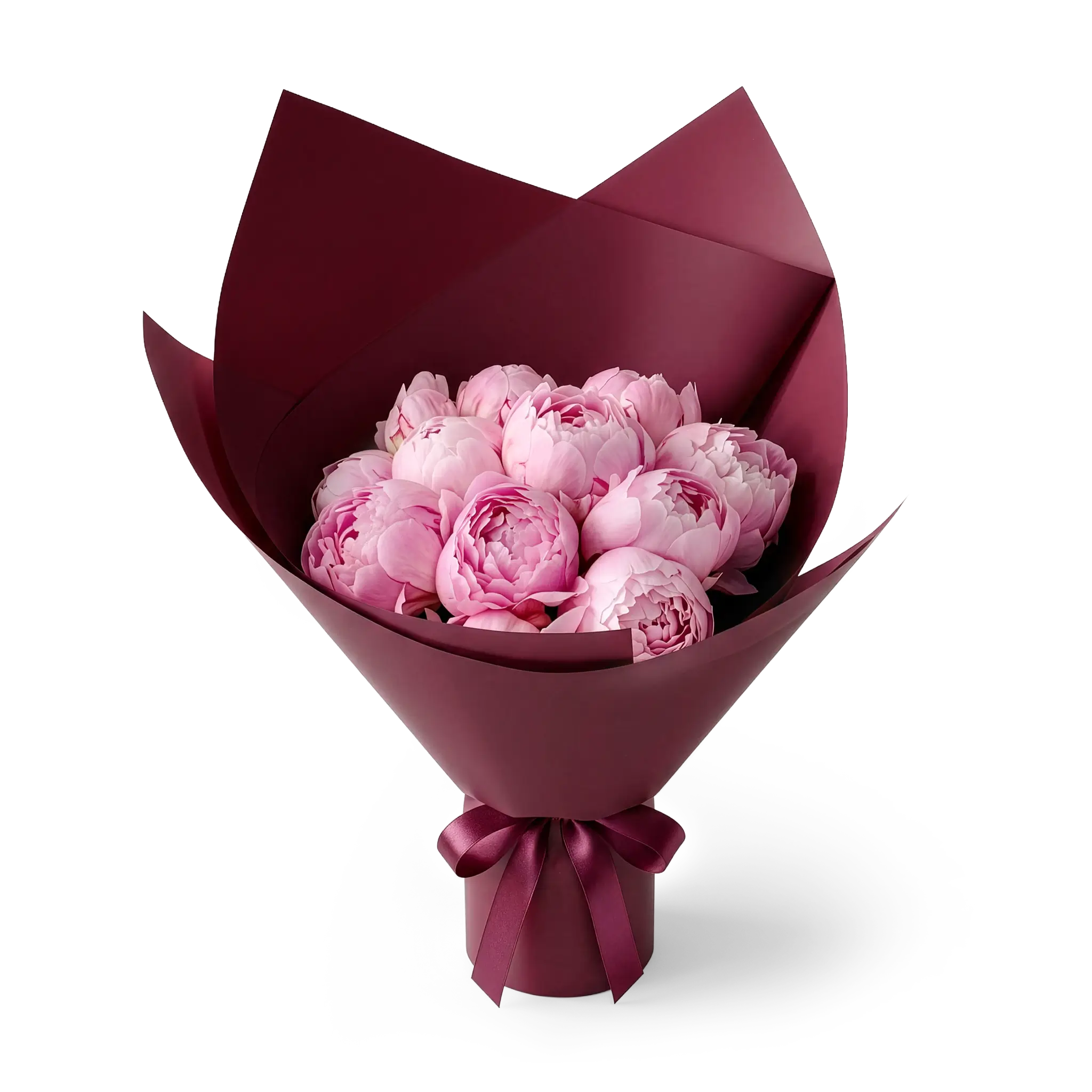 Bouquet of pink peonies wrapped in burgundy paper with a burgundy ribbon on a transparent background