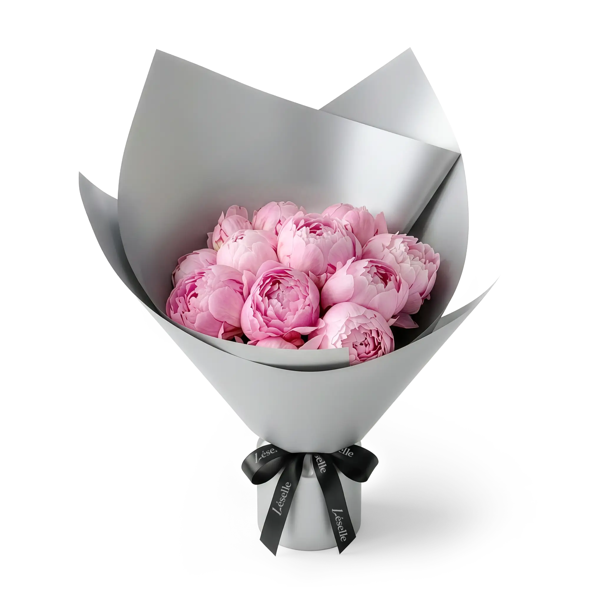 Bouquet of pink peonies wrapped in silver paper with a black ribbon on a transparent background