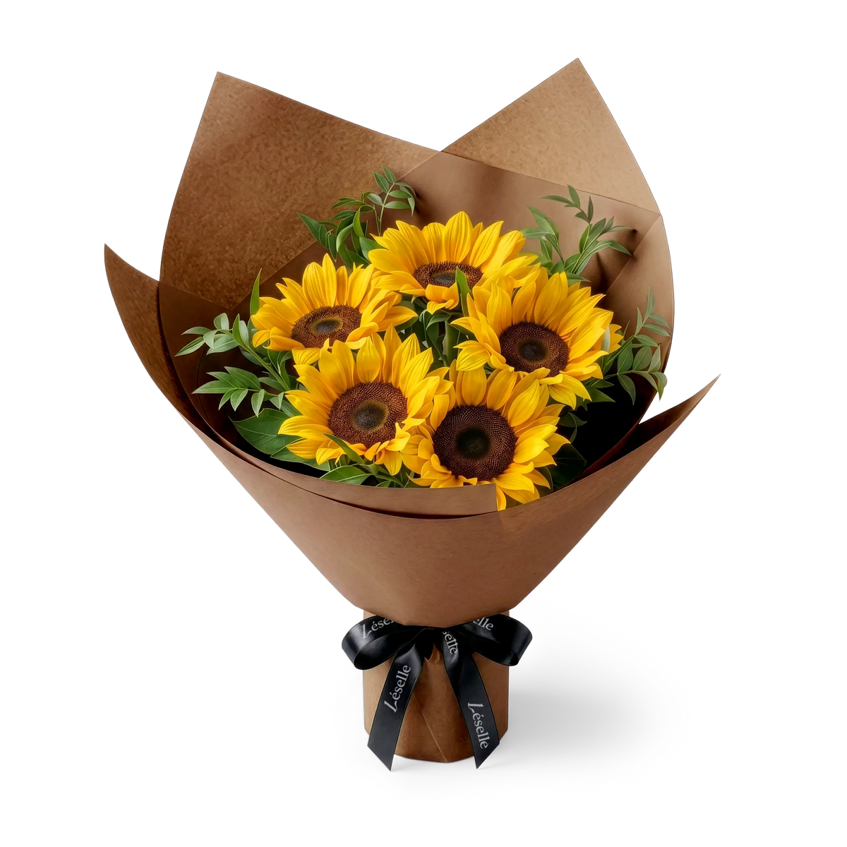 Bouquet of black-heart sunflowers wrapped in brown paper with a black ribbon on a transparent background