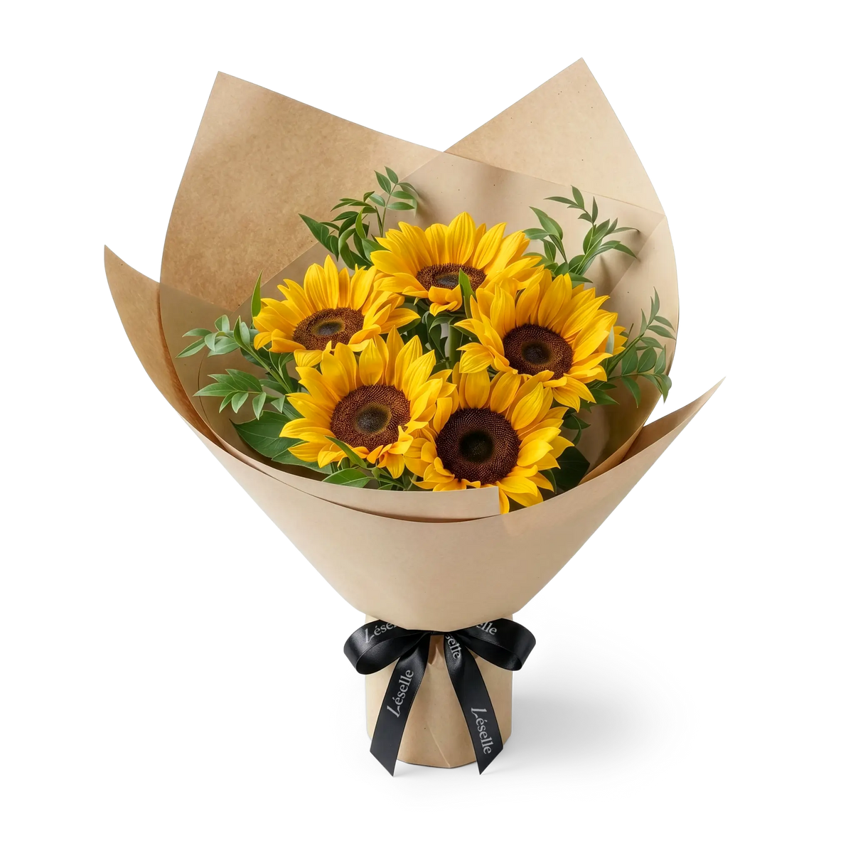 Bouquet of black-heart sunflowers wrapped in camel paper with a black ribbon on a transparent background