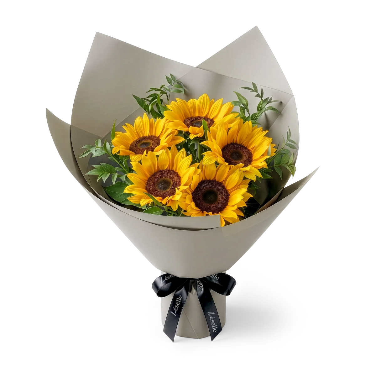 Bouquet of black-heart sunflowers wrapped in grey paper with a black ribbon on a transparent background