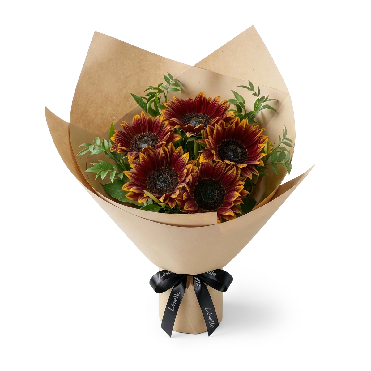 Bouquet of burgundy sunflowers wrapped in camel paper with a black ribbon on a transparent background