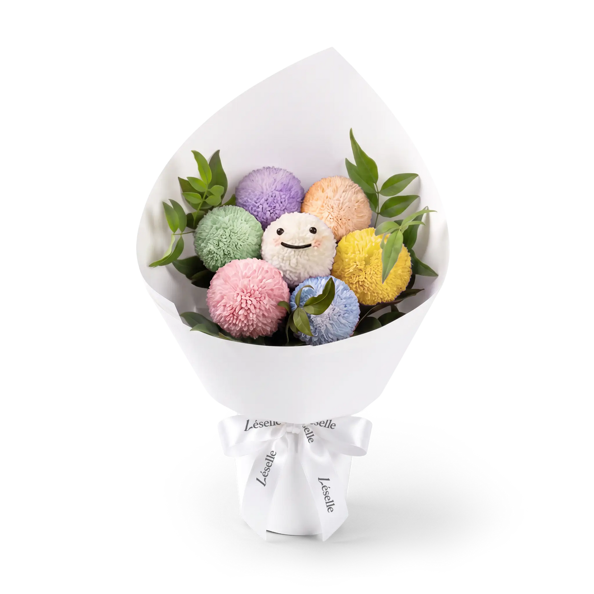 Bouquet of pompon chrysanthemums with different colors wrapped in white paper with a white ribbon on a transparent background