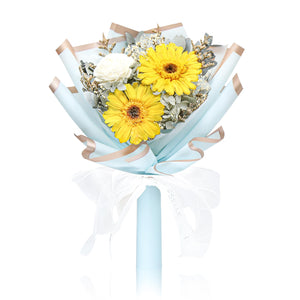 Mini Preserved Sunflower Bouquet - Bright Yellow & White (Blue Wrapper)